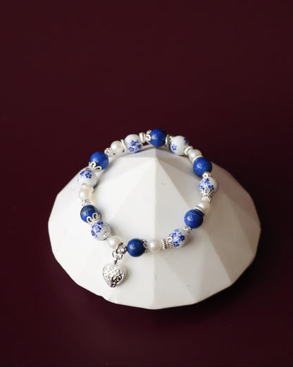Lapis Lazuli Crystal Bracelet — Chinese Porcelain Inspired | 8mm (Elastic)