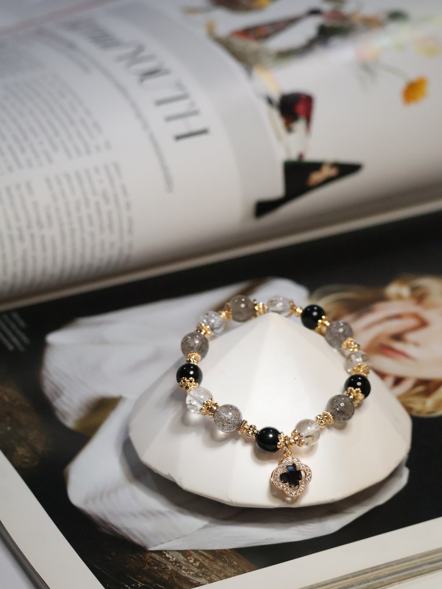 Black Strawberry Quartz, Black Tourmaline & Herkimer Diamond with Sparkly Black Clover — Cordelia Twin Crystal Bracelet | 8mm & 10mm (Elastic)