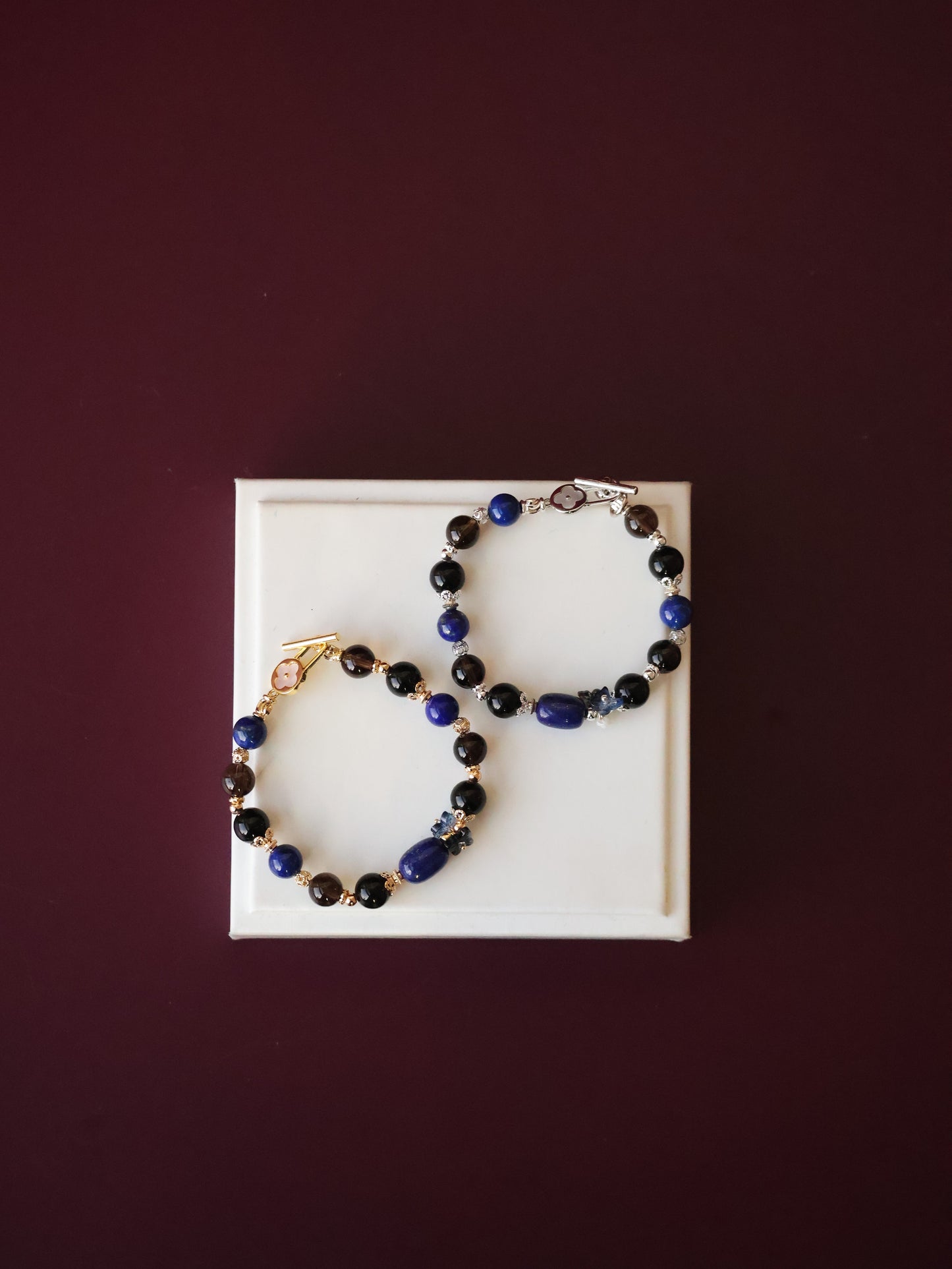 Lapis Lazuli Barrel, Black Obsidian & Smoky Quartz Bracelet — Lunaris | 8mm (OT Clasp, Elastic)