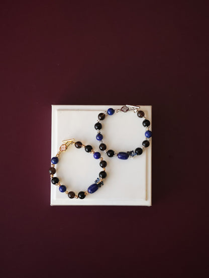 Lapis Lazuli Barrel, Black Obsidian & Smoky Quartz Bracelet — Lunaris | 8mm (OT Clasp, Elastic)