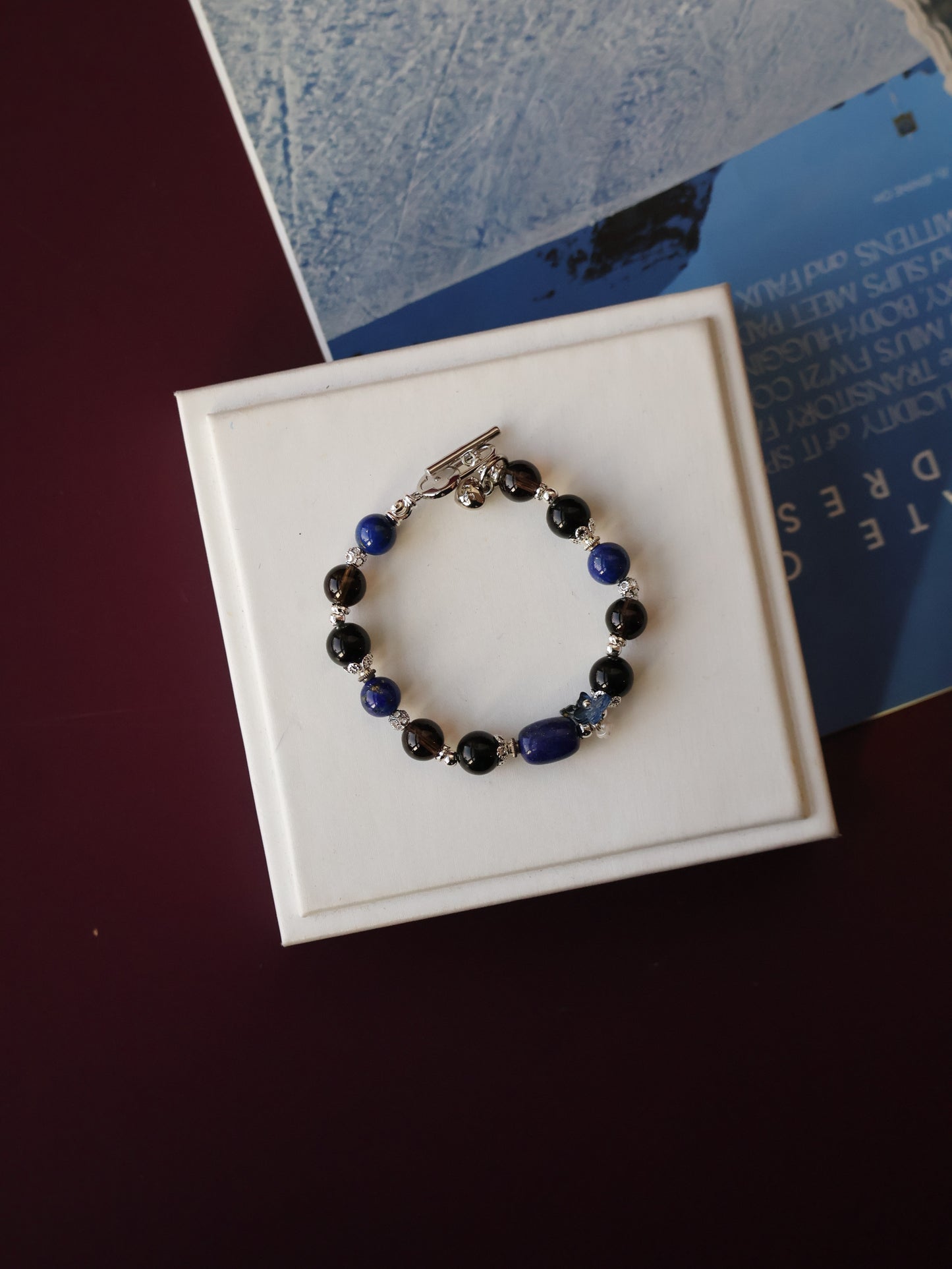 Lapis Lazuli Barrel, Black Obsidian & Smoky Quartz Bracelet — Lunaris | 8mm (OT Clasp, Elastic)
