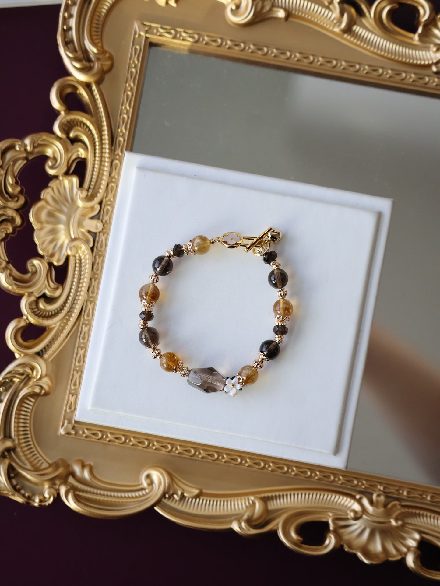 Smoky Quartz & Citrine Bracelet with Smoky Quartz Freeform — Midnight Shimmer | 8mm (OT Clasp, Elastic)