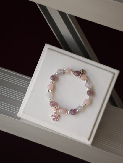 Pink Purple Emerald Mica, Lilac Chalcedony & Rose Quartz with Pink Flower & Mini Flower Bouquet — Blooming Bouquet | 8mm / 10mm (Elastic)