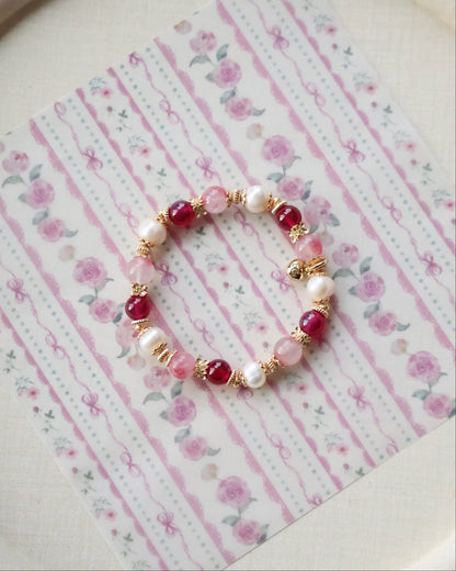 Rhodonite, Ruby & Freshwater Pearl Crystal Bracelet — The Ultimate Collection | 8mm (Elastic)