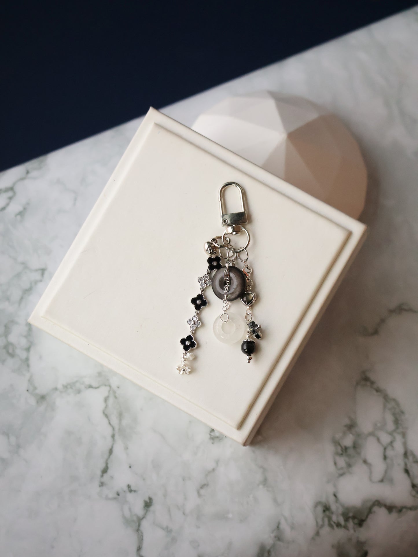 Black Obsidian, White Phantom Quartz & Hypersthene Crystal Keychain — Amorette Clover Ping An Kou