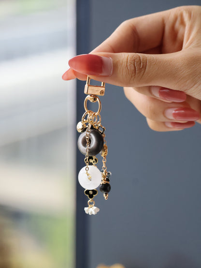 Black Obsidian, White Phantom Quartz & Hypersthene Crystal Keychain — Amorette Clover Ping An Kou