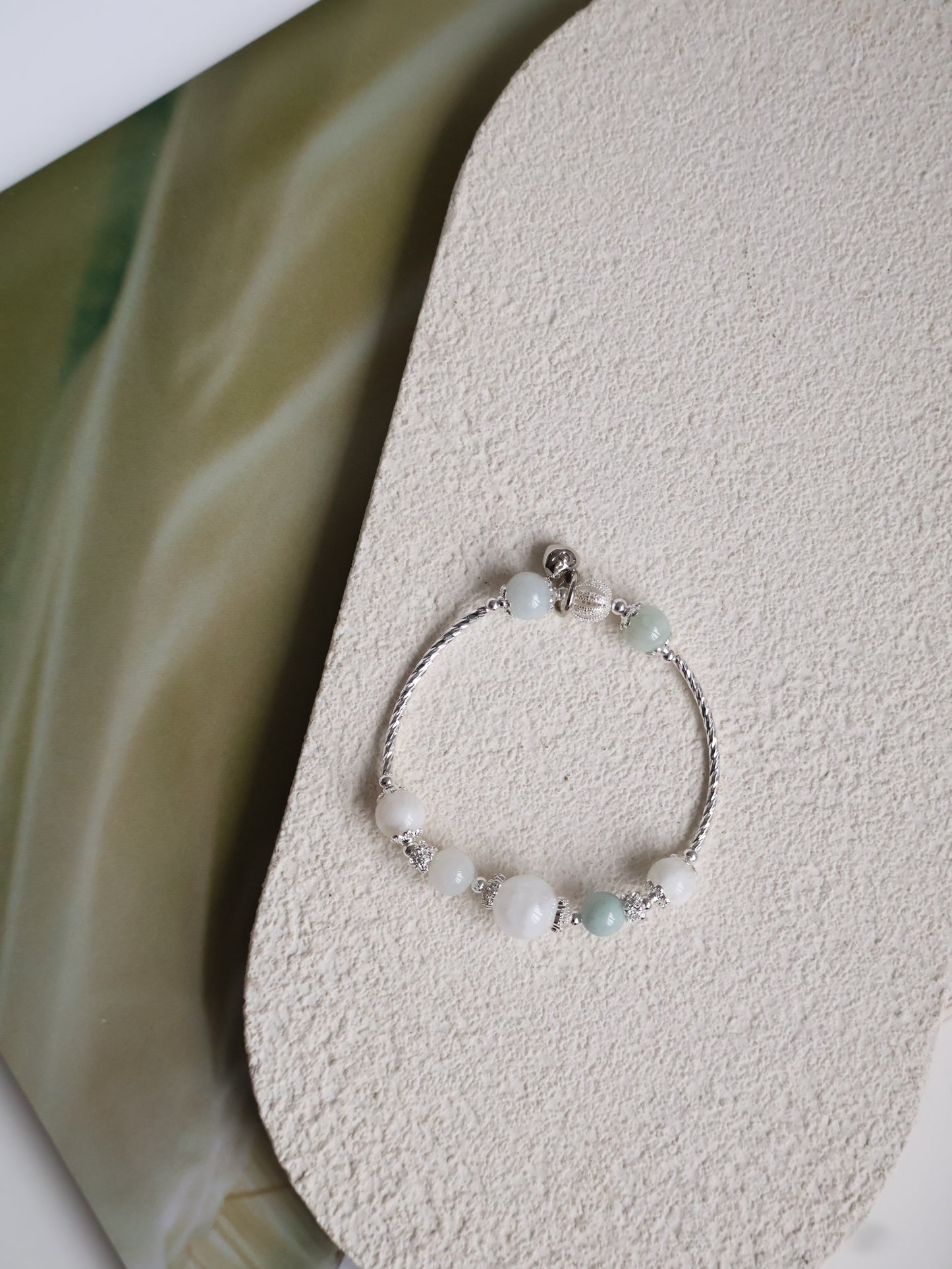 Green Jadeite & White Phantom Quartz Crystal Bracelet Bangle — Orianna Bangles Series | 8mm (Elastic)