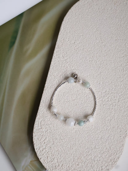 Green Jadeite & White Phantom Quartz Crystal Bracelet Bangle — Orianna Bangles Series | 8mm (Elastic)