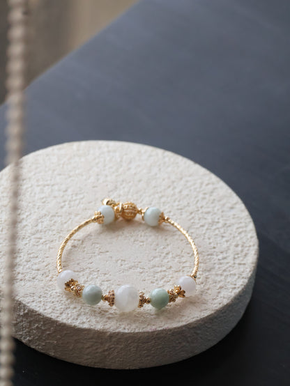 Green Jadeite & White Phantom Quartz Crystal Bracelet Bangle — Orianna Bangles Series | 8mm (Elastic)