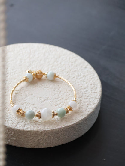 Green Jadeite & White Phantom Quartz Crystal Bracelet Bangle — Orianna Bangles Series | 8mm (Elastic)