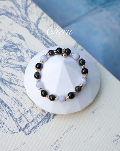 Black Tourmaline, Blue lace Agate, Pietersite — Pisces Horoscope Series | 8mm (Elastic)
