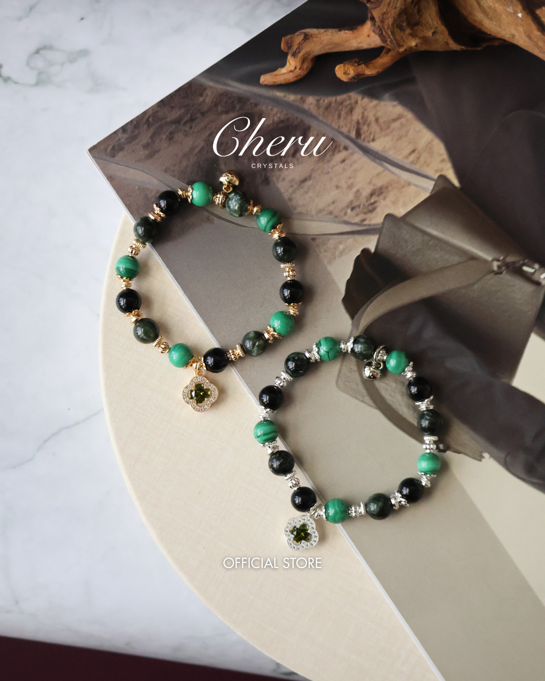 Malachite, Seraphinite & Black Tourmaline Crystal Bracelet — Cordelia Twin Sparkly Clover | 8mm + 10mm (Elastic)