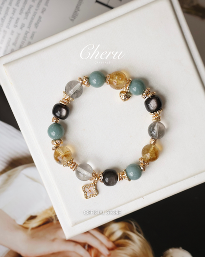 Citrine, Black Obsidian, Herkimer Diamond & Blue Water Jadeite Crystal Bracelet with Clover Charm — The Luxe Edit | 10mm (Elastic)