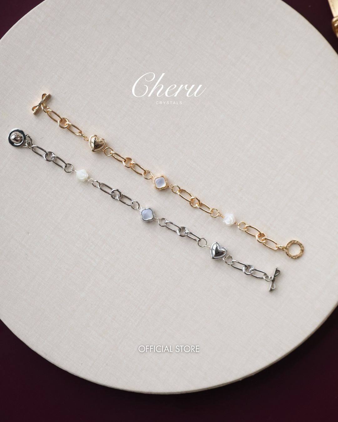 White Conch Rose Carving, White Conch Clover & Heart Charm — Celia Chain | (OT Clasp, Chain)