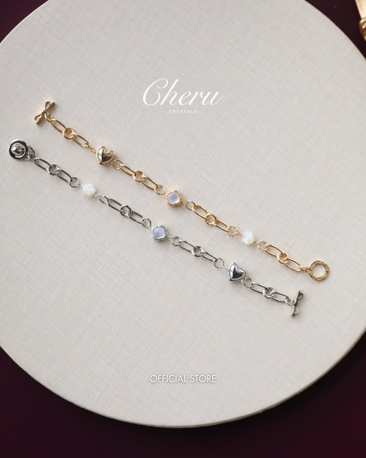 White Conch Rose Carving, White Conch Clover & Heart Charm — Celia Chain | (OT Clasp, Chain)