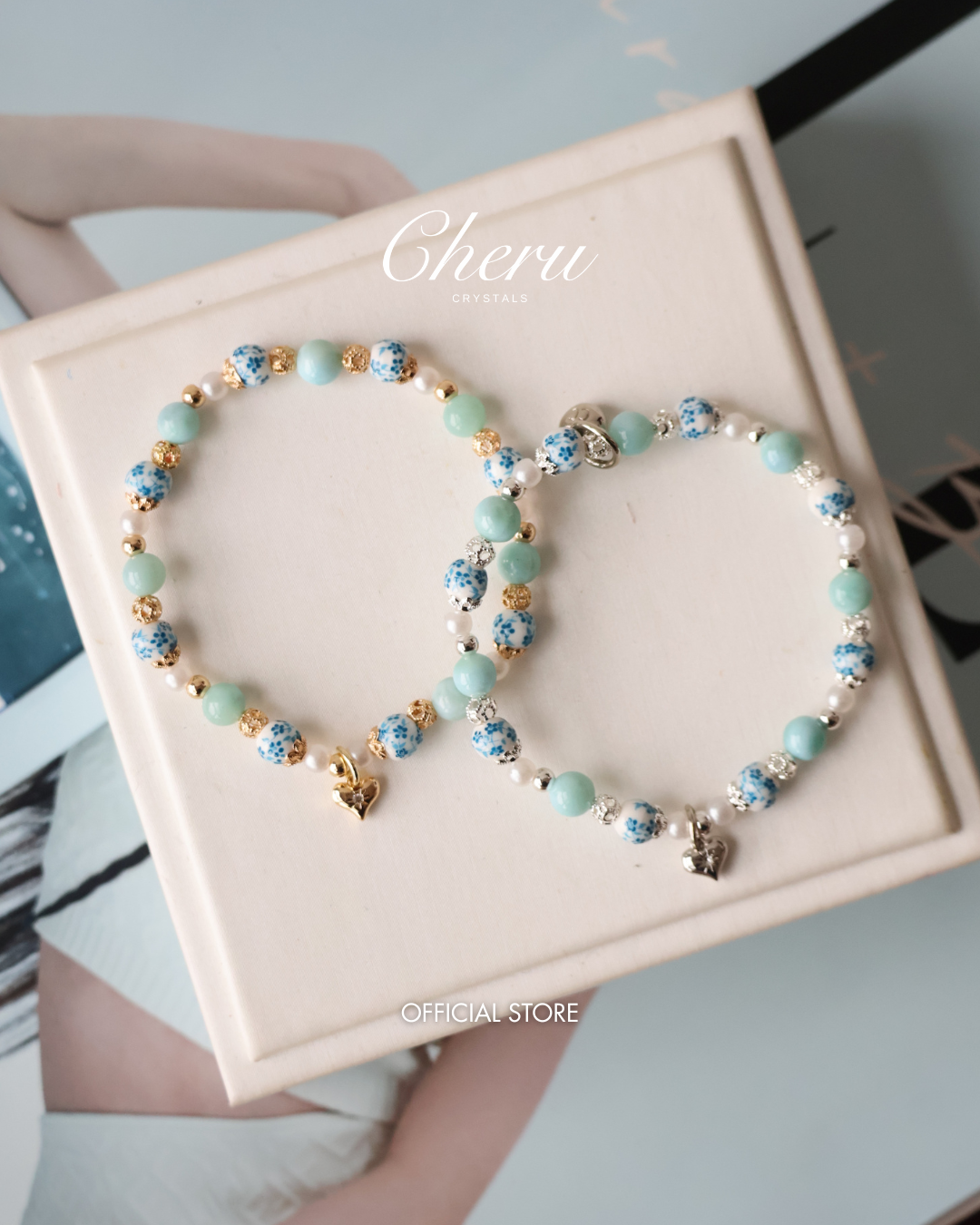 Larimar with Heart Dangly — Chinese Porcelain Inspired | 6mm (Elastic)