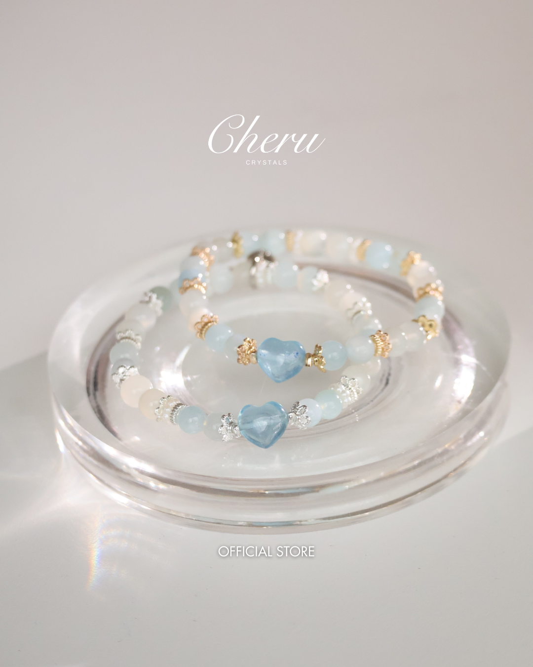 Aquamarine & White Flash Moonstone with Heart Carving — Dain | 6mm (Elastic)