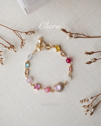 Rhodonite, Citrine, Moonstone, Blue Topaz, Ruby & Pink Purple Emerald Mica — Duobao Multi Gem with Heart Charm and Gem Charms | 6mm (OT Clasp, Chain)