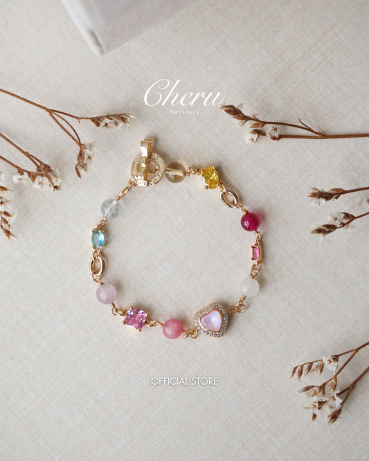 Rhodonite, Citrine, Moonstone, Blue Topaz, Ruby & Pink Purple Emerald Mica — Duobao Multi Gem with Heart Charm and Gem Charms | 6mm (OT Clasp, Chain)