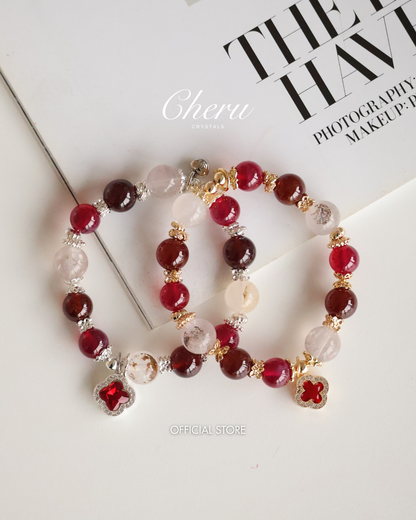 Dendrite Rose Quartz, Garnet & Red Star Ruby with Sparkly Clover — Cordelia Twin | 10mm (Elastic)