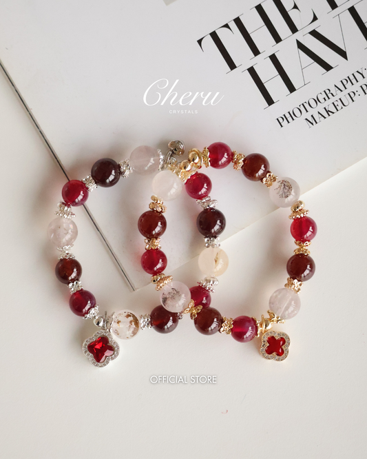 Dendrite Rose Quartz, Garnet & Red Star Ruby with Sparkly Clover — Cordelia Twin | 10mm (Elastic)
