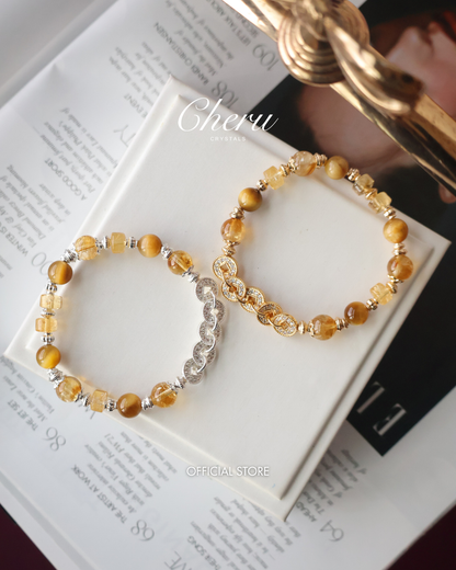 Citrine & Tiger’s Eye Crystal Bracelet — Fengshui Coins Prospera | 8mm (Elastic)