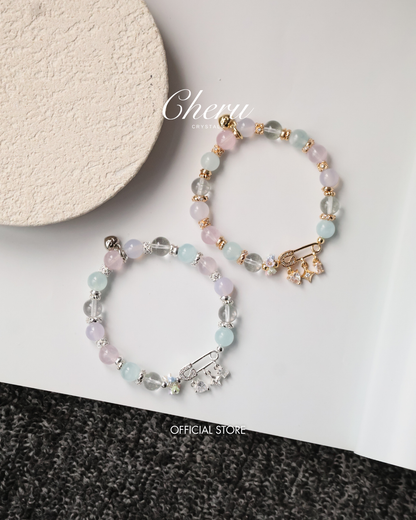 Rose Quartz, Lilac Chalcedony, Aquamarine & Green Phantom Quartz Crystal Bracelet — Genevieve | 8mm (Safety Pin Charm, Elastic)