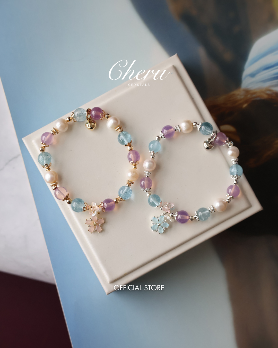Ruby, Blue Topaz & Freshwater Pearl Crystal Bracelet with Flower Charm — Arendelle | 8mm (Elastic)