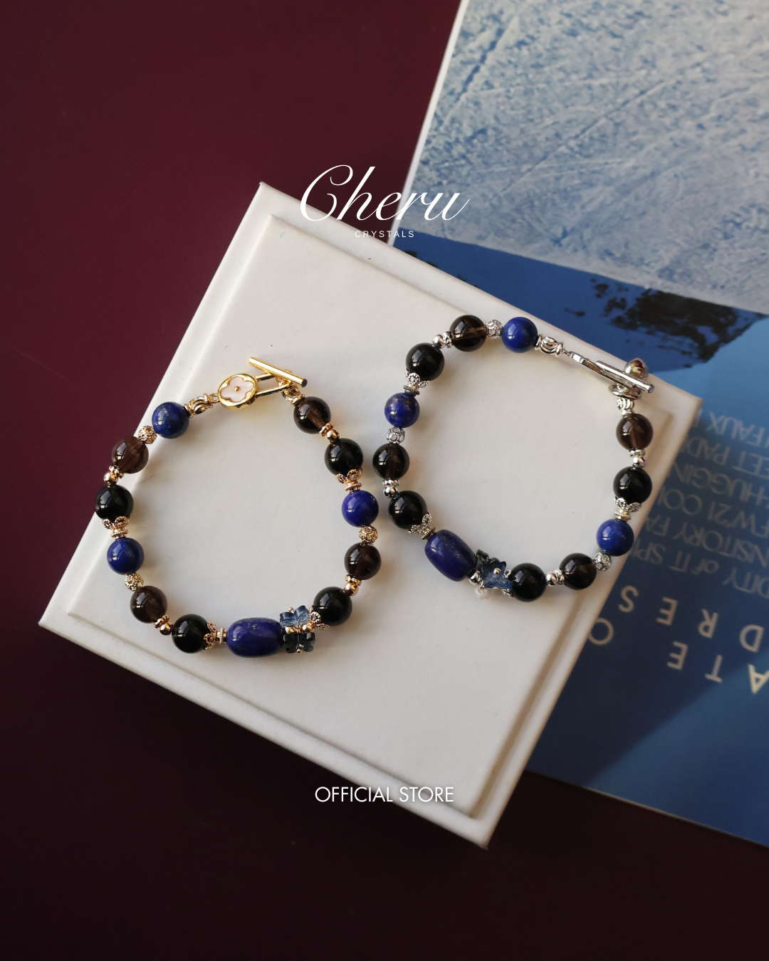 Lapis Lazuli Barrel, Black Obsidian & Smoky Quartz Bracelet — Lunaris | 8mm (OT Clasp, Elastic)
