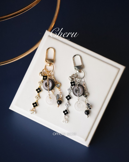 Black Obsidian, White Phantom Quartz & Hypersthene Crystal Keychain — Amorette Clover Ping An Kou