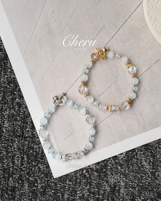 Blue Topaz Faceted Rondelle, Clear Quartz & Cat’s Eye Crystal Bracelet — Crystelle | 8mm (Elastic)