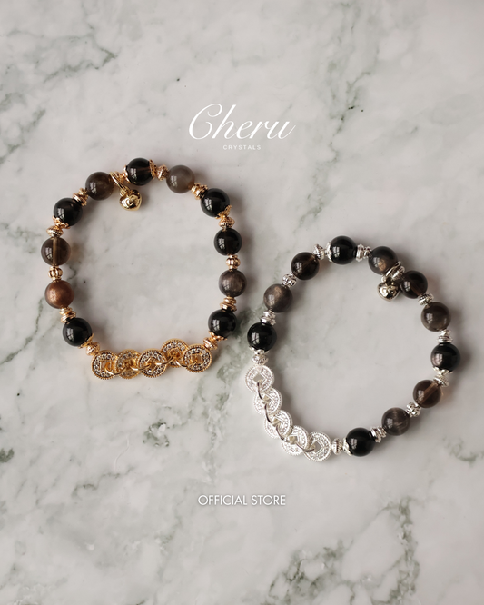 Hypersthene, Smoky Quartz & Black Skeletal Sunstone Crystal Bracelet — Fengshui Coins Vincere | 8mm (Elastic)