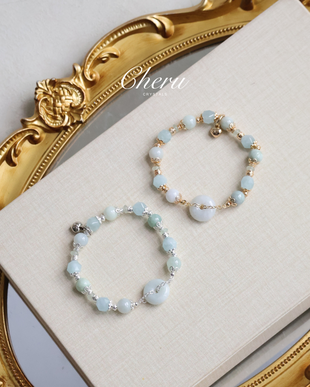 Aquamarine Faceted, Green Jadeite & Green Aventurine —  Green Jadevie Ping An Kou | 8mm (Elastic)