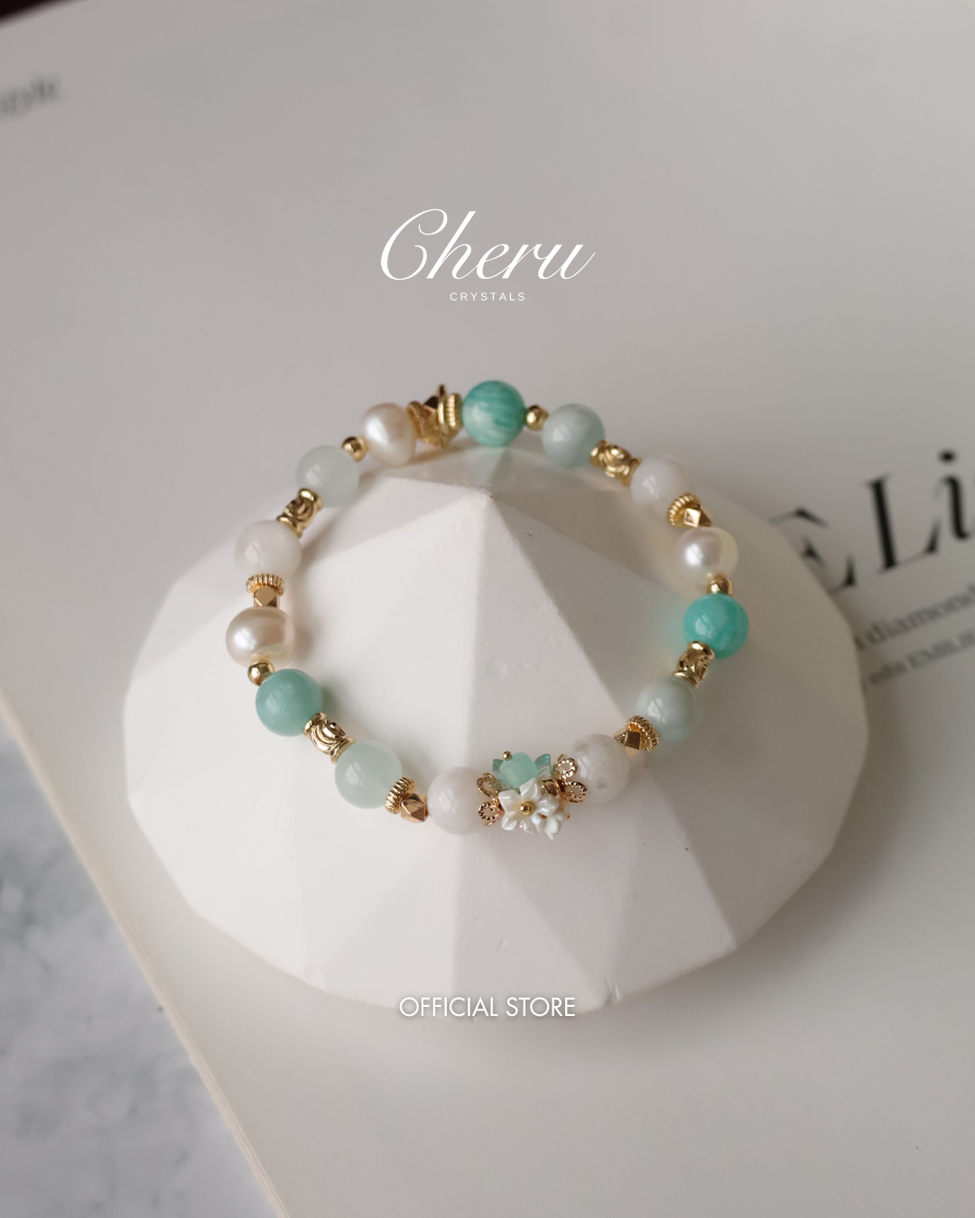 Amazonite, Freshwater Pearl, Aquamarine & Snow Garden Rose Quartz Crystal Bracelet — Freina | 8mm (Elastic)
