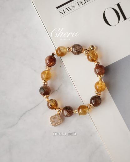 Citrine & Black Gold Super 7 Crystal Bracelet — Cordelia Twin Sparkly Clover | 8mm + 10mm (Elastic)