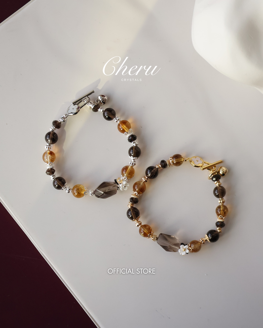 Smoky Quartz & Citrine Bracelet with Smoky Quartz Freeform — Midnight Shimmer | 8mm (OT Clasp, Elastic)
