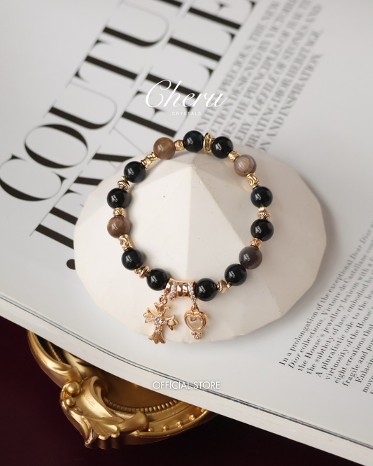 Black Tourmaline, Blue Tiger’s Eye & Black Gold Skeletal Sunstone Crystal Bracelet — Cross x Heart | 8mm (Elastic)