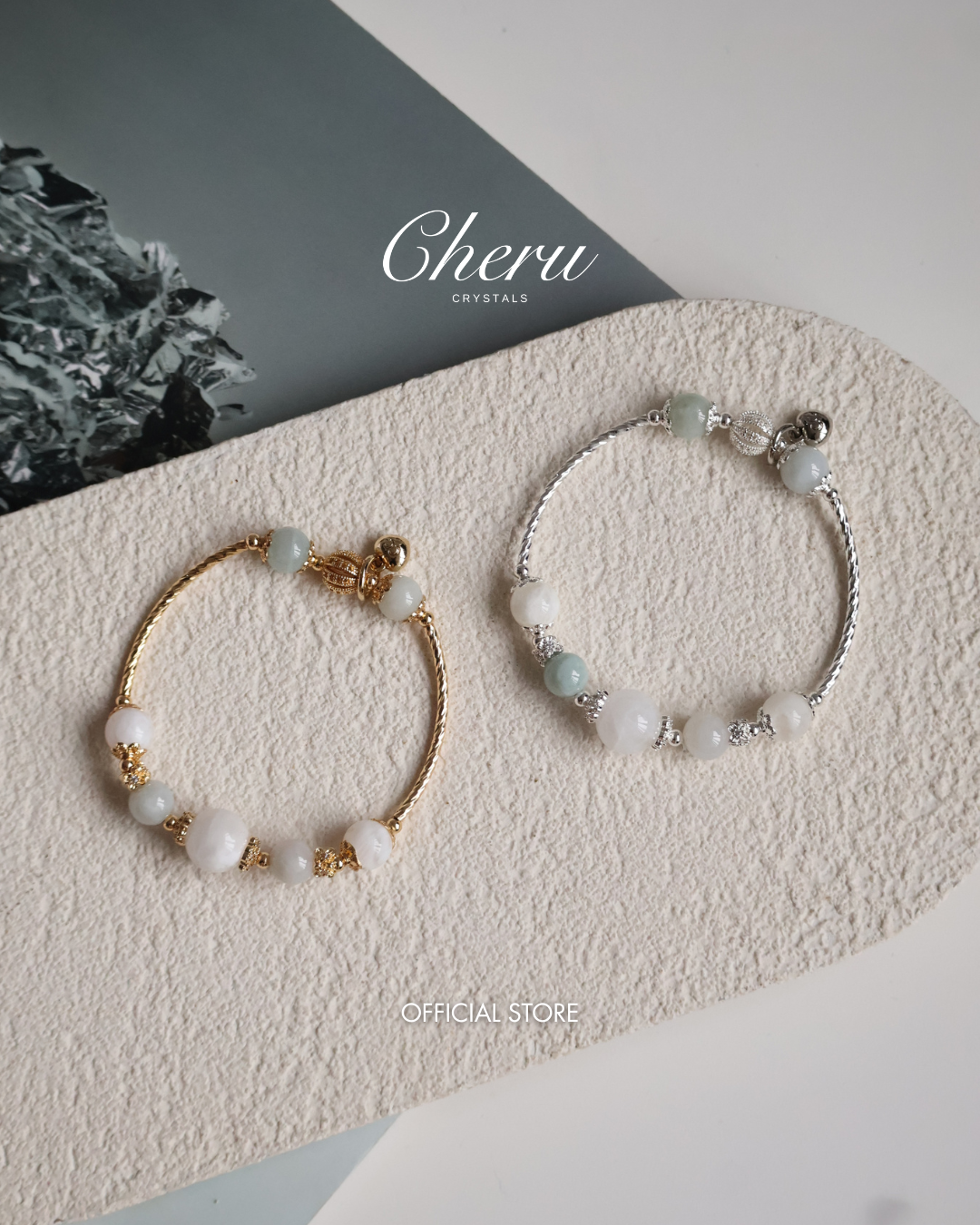 Green Jadeite & White Phantom Quartz Crystal Bracelet Bangle — Orianna Bangles Series | 8mm (Elastic)