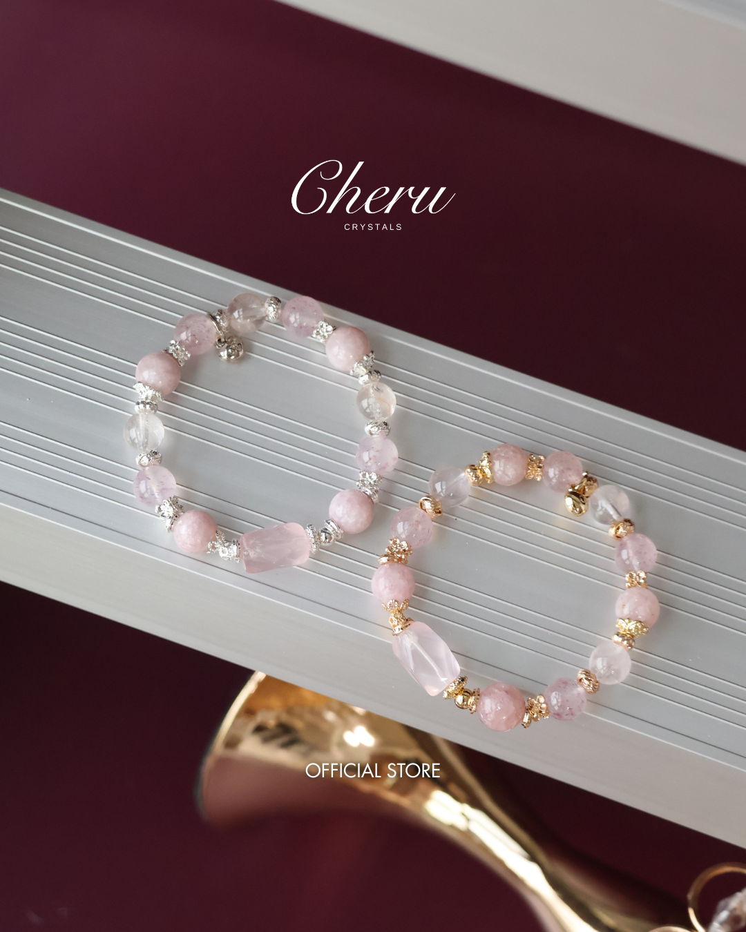 Pink Purple Emerald Mica, Strawberry Quartz & Rose Quartz Crystal Bracelet with Freeform — Ophelia | 10mm (Elastic)