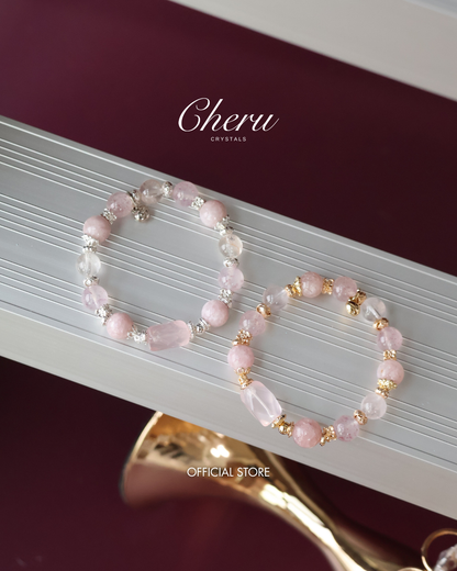 Pink Purple Emerald Mica, Strawberry Quartz & Rose Quartz Crystal Bracelet with Freeform — Ophelia | 10mm (Elastic)