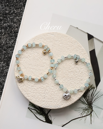 Blue Topaz & Aquamarine Crystal Bracelet with Heart Charm — Airi | 6mm (Elastic)