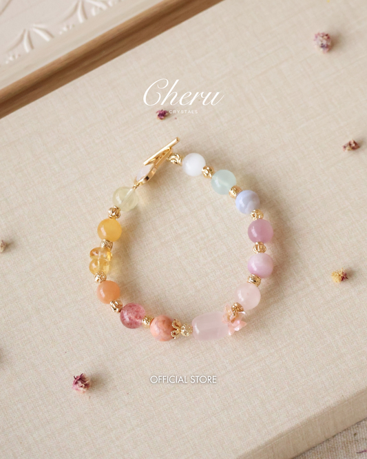 Cat’s Eye, Blue Lace Agate, Aquamarine, Lavender Rose Quartz, Kunzite, Flower Agate, Rose Quartz, Peach Moonstone, Strawberry Quartz, Citrine, Andesine Labradorite & Lemon Quartz — Bloomelle Duobao (Multi Gems) | 8mm (Elastic, OT Clasp)