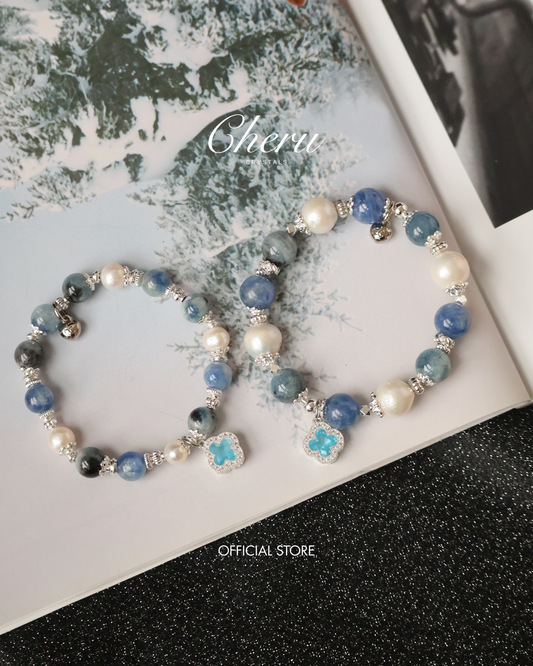 *Instocks* 8+10mm Cordelia Twin with Sparkly Clover: Blue Kyanite, Fresh Water Pearls & Devil Eye Aquamarine