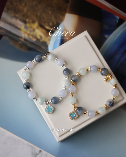 Blue Chalcedony, Aquamarine & Blue Rabbit Hair Crystal Bracelet — Cordelia Twin Sparkly Clover | 8mm + 10mm (Elastic)