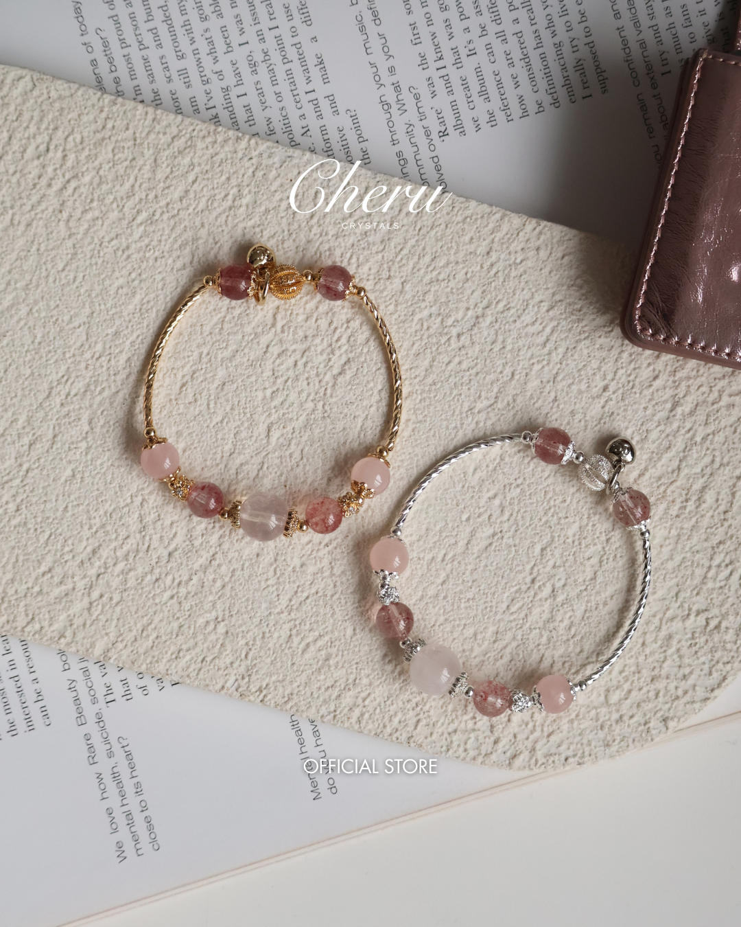 Strawberry Quartz & Rose Quartz Crystal Bracelet Bangle — Orianna Bangles Series | 8mm (Elastic)