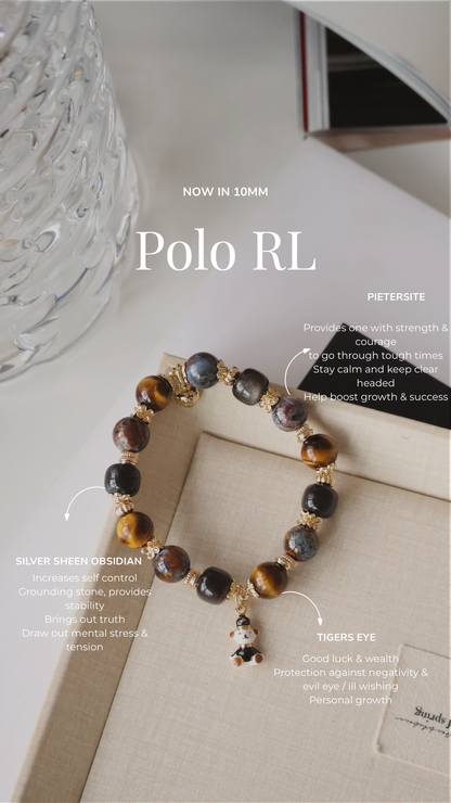 Pietersite, Silver Sheen Obsidian, Devil Blue Aquamarine, Moonstone & Tiger’s Eye Crystal Bracelet — Polo RL | 6mm / 8mm / 10mm (Elastic)