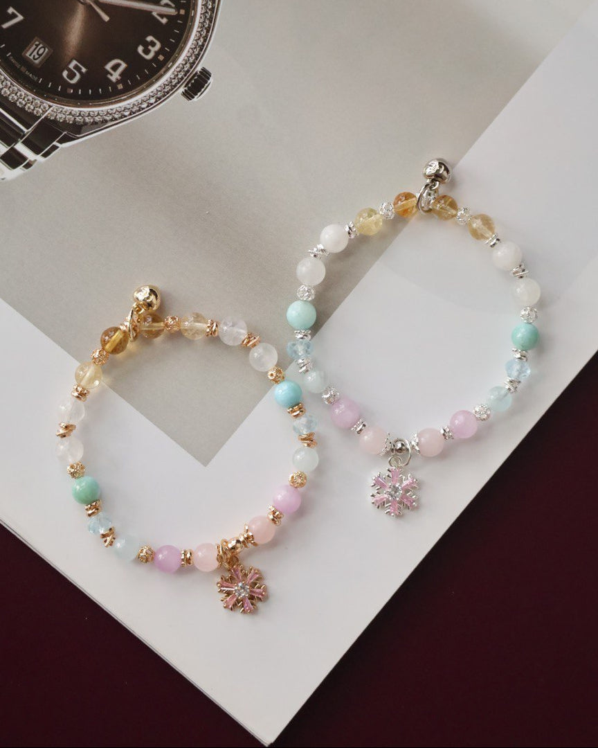 Aquamarine, Blue Topaz, Rose Quartz, Kunzite, White Phantom Quartz, Citrine & Moonstone — Eira Pastel Duobao Bracelet with Snowflake Charm | 6mm (Elastic)
